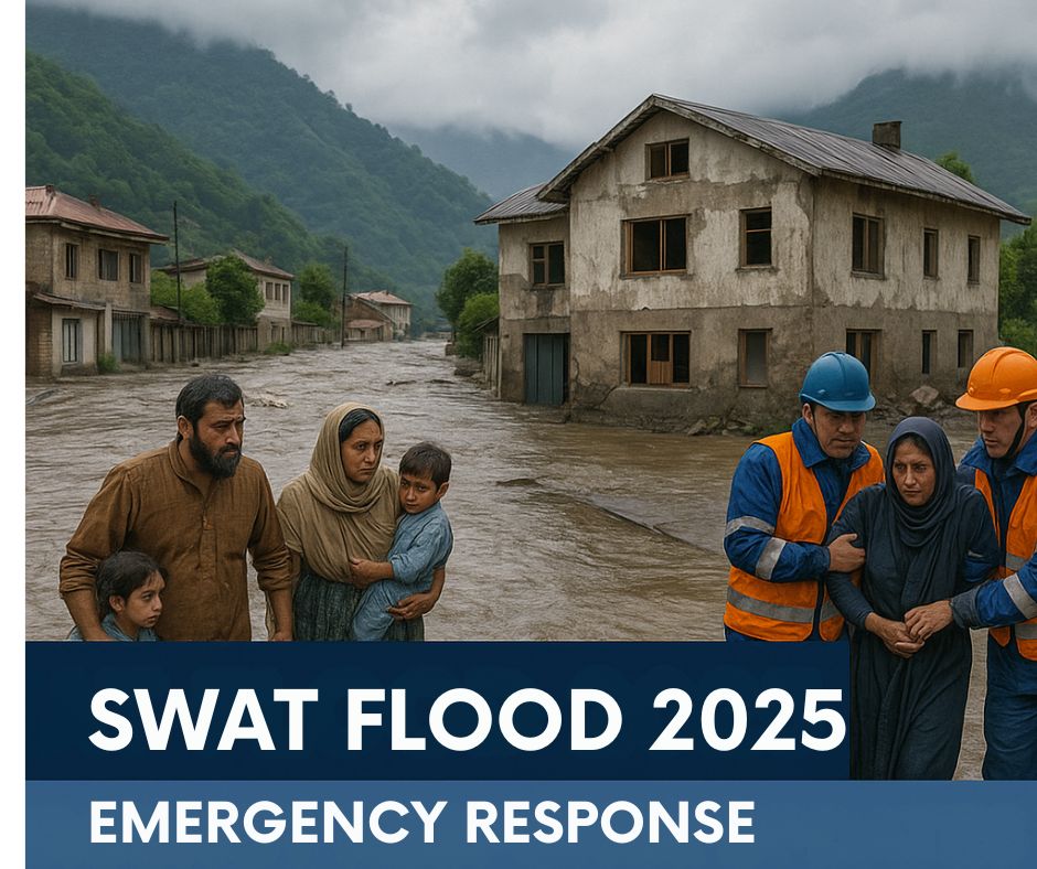 “Floodwaters rushing through Swat Valley destroying houses and roads”