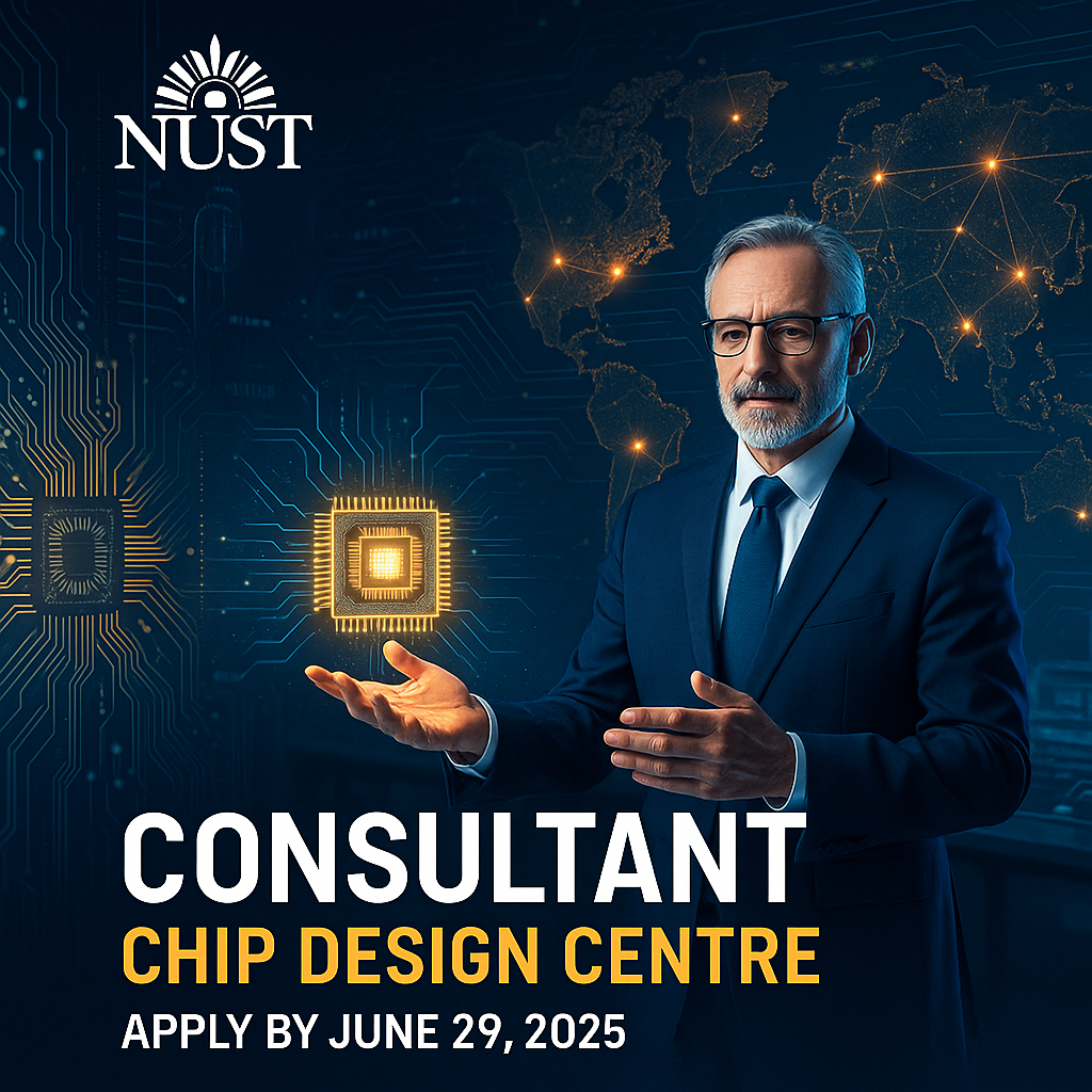 Senior consultant presenting futuristic chip design in a NUST research lab, showcasing semiconductor leadership and high-tech innovation in 2025.