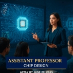 Young assistant professor teaching chip design in a futuristic lab environment at NUST, presenting circuit diagrams and mentoring students in innovation.