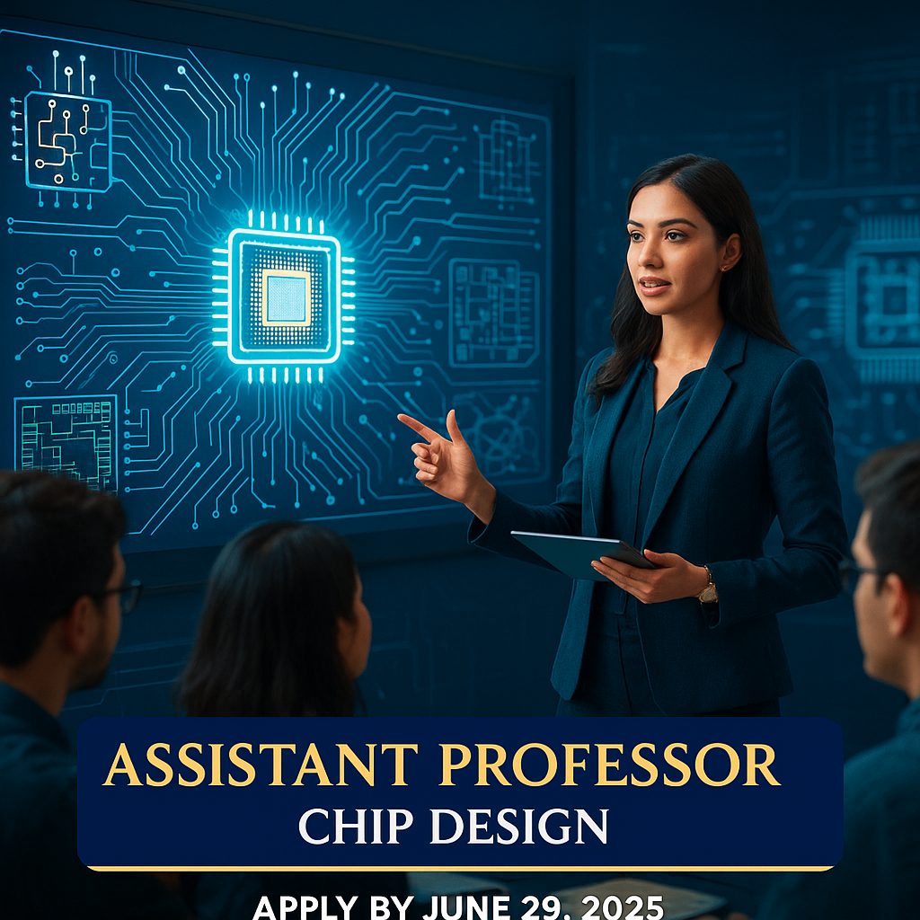 Young assistant professor teaching chip design in a futuristic lab environment at NUST, presenting circuit diagrams and mentoring students in innovation.