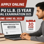 "Law student applying for PU LL.B. 5 Years Exam 2025 online with calendar deadline and degree form on screen"