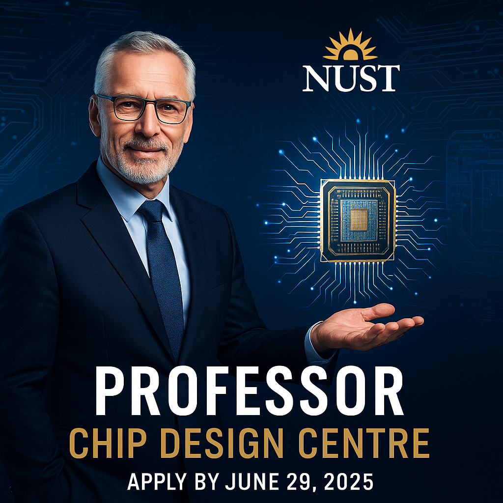 Senior professor at NUST presenting chip design research on a digital screen, symbolizing semiconductor innovation and academic leadership in 2025.