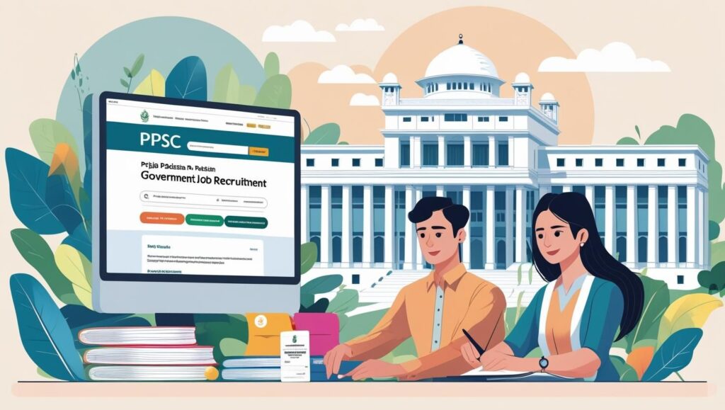 Young Pakistani candidates applying for PPSC government jobs online with Punjab Secretariat in the background, symbolizing career opportunities in education, health, and administration.