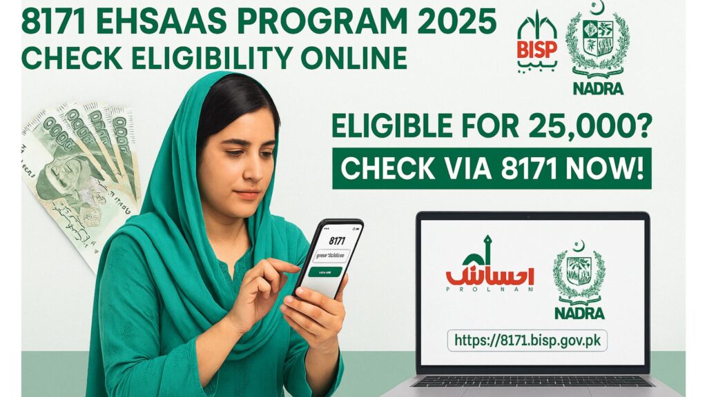 Pakistani woman using her smartphone to check Rs. 25,000 BISP payment status on the 8171 web portal – 8171 check online.