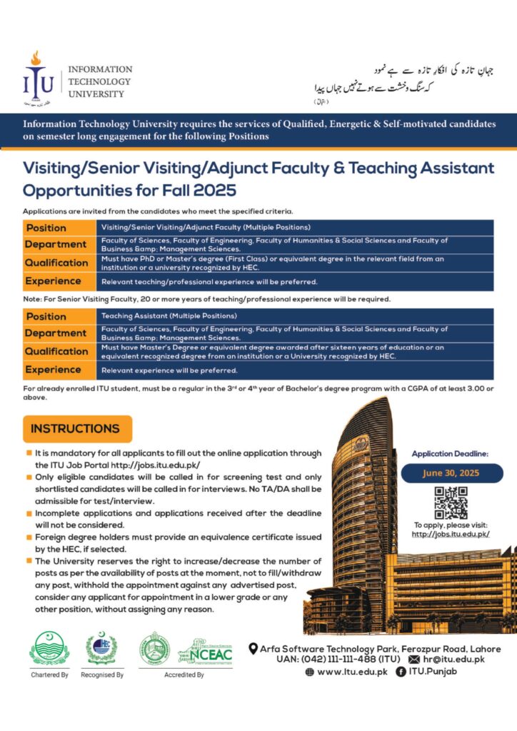 title="Apply Online for ITU Visiting Faculty & Teaching Assistant Jobs Fall 2025" “ITU Visiting Faculty and Teaching Assistant Jobs 2025 – apply online before June 30, 2025 at Information Technology University Lahore.”