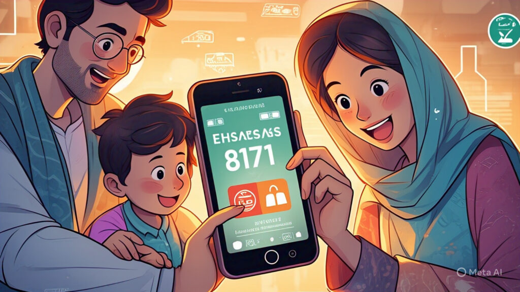 Family using 8171 web portal for Ehsaas and BISP updates on a smartphone.