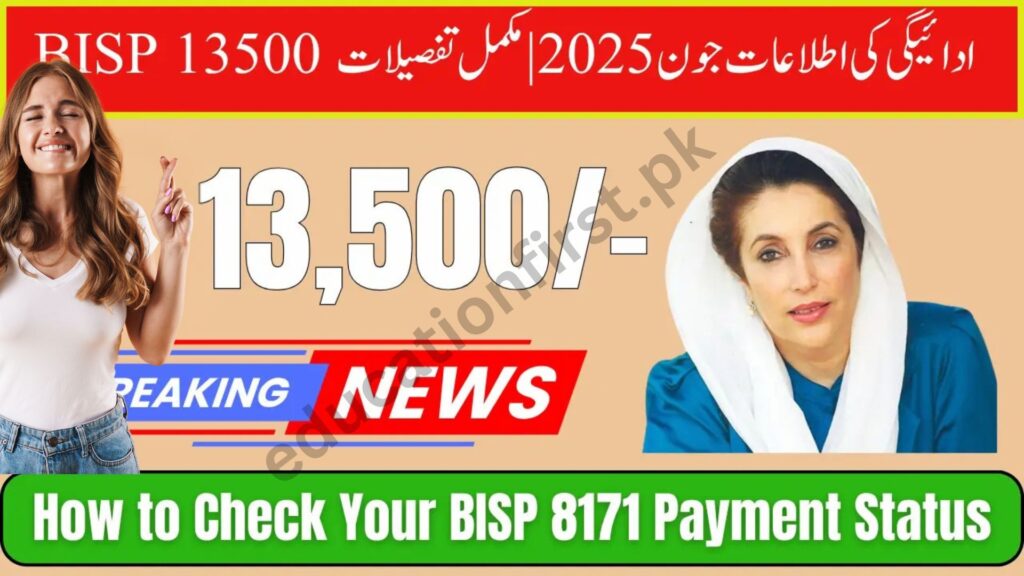Pakistani woman checking BISP 13,500 payment status on phone via 8171 portal with CNIC in hand – June 2025