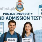 “Punjab University 2nd Entry Test 2025 - Students holding roll number slips with PU logo and exam calendar”