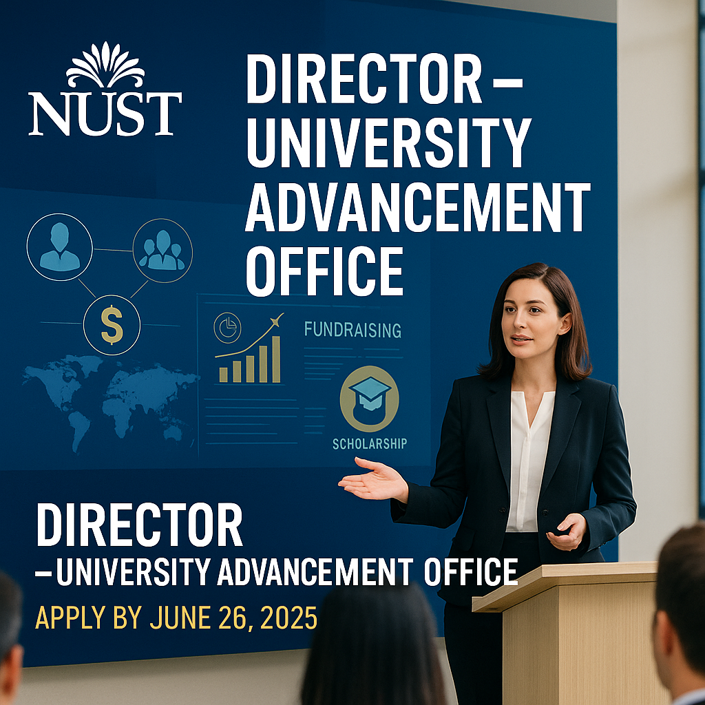 Professional executive presenting at NUST office, symbolizing leadership in university fundraising, alumni relations, and advancement strategy – 2025 hiring.