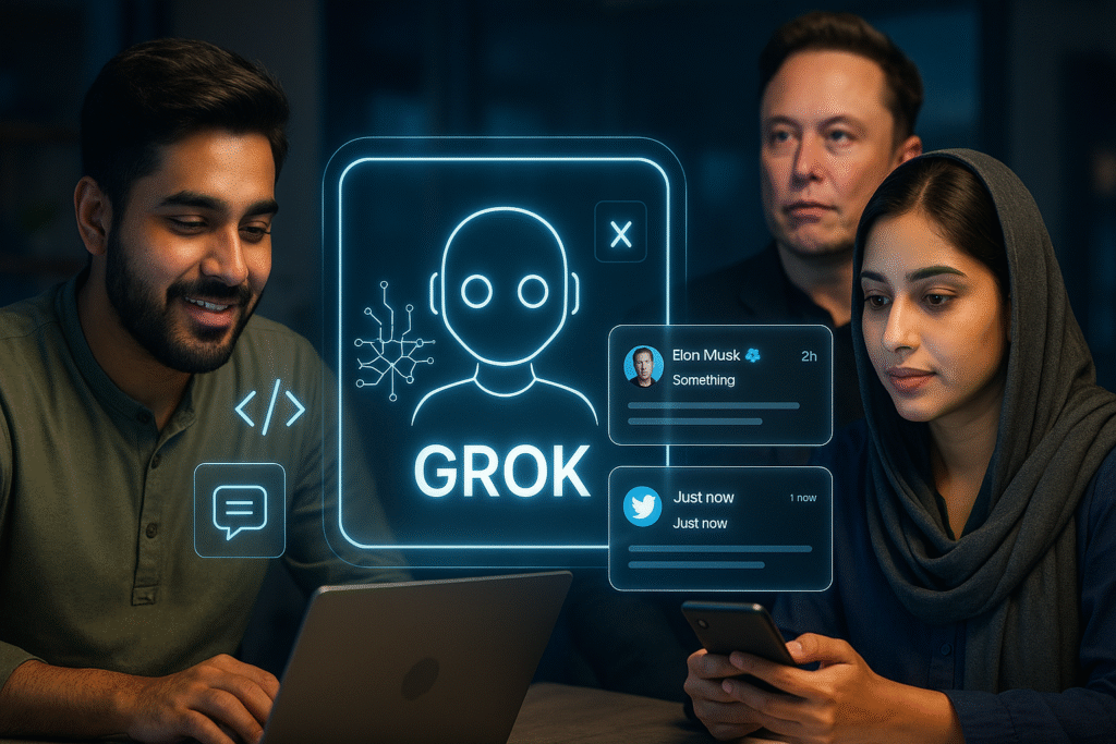 Grok AI – Elon Musk’s chatbot explained for Pakistani users "Grok AI chatbot interface used by Pakistani users for deep learning, real-time data analysis, and Elon Musk's xAI technology"