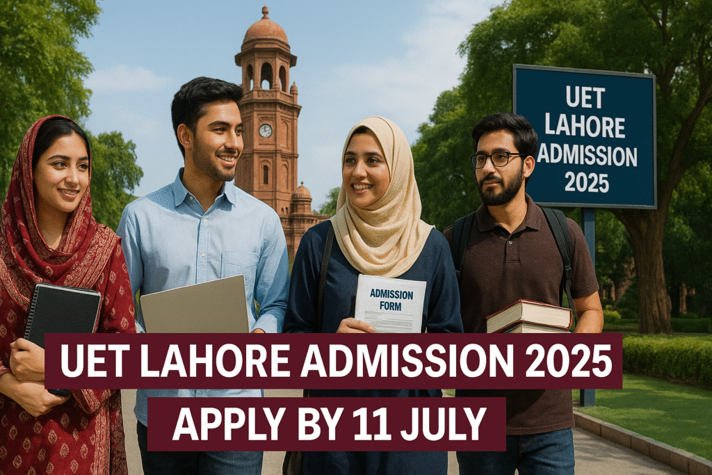 UET Lahore Admission 2025 β Apply Online for Top Programs Students applying for UET Lahore admission 2025 at the university's main campus, showcasing academic activity in engineering, computing, and science programs