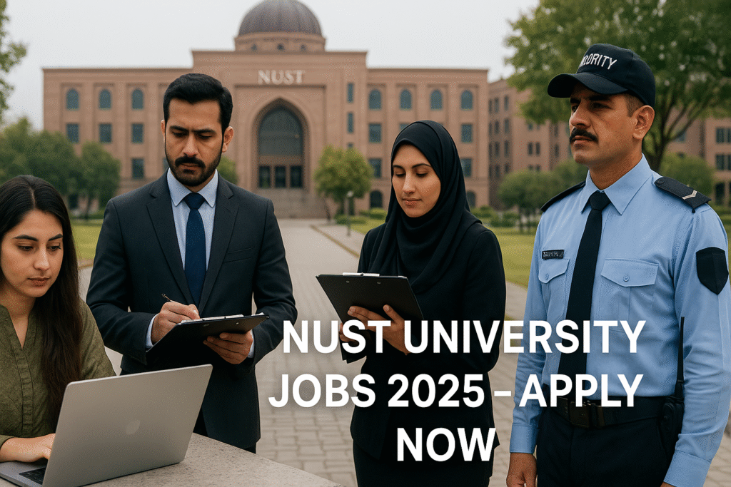 <img decoding= Pakistani male and female professionals working at NUST University campus in Islamabad.