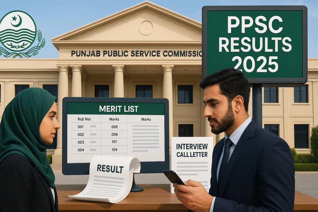 “Candidates checking PPSC results 2025 online on laptop and phone in front of Punjab Public Service Commission building
