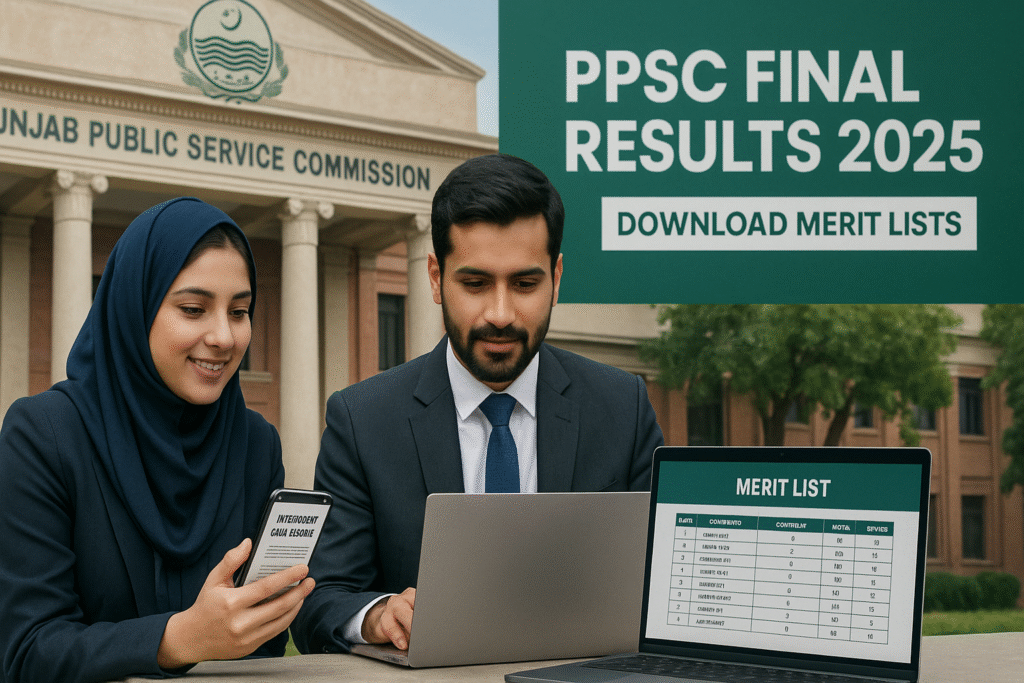 PPSC Final Results 2025 – View and Download Merit Lists for All Posts “Candidates checking PPSC Final Results 2025 on laptop and mobile devices with Punjab Public Service Commission logo in the background.”