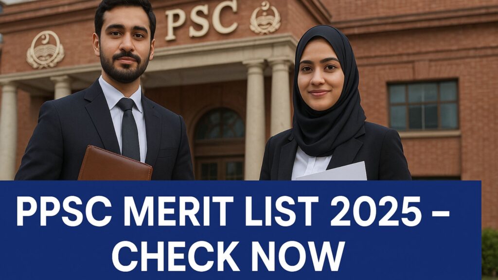 “PPSC merit list 2025 with recommended Pakistani male and female candidates standing outside the PPSC building with Punjab government logo.”