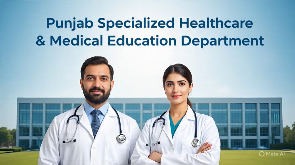 Pakistani male and female doctors standing confidently in front of a hospital representing Specialized Healthcare & Medical Education Department jobs 2025