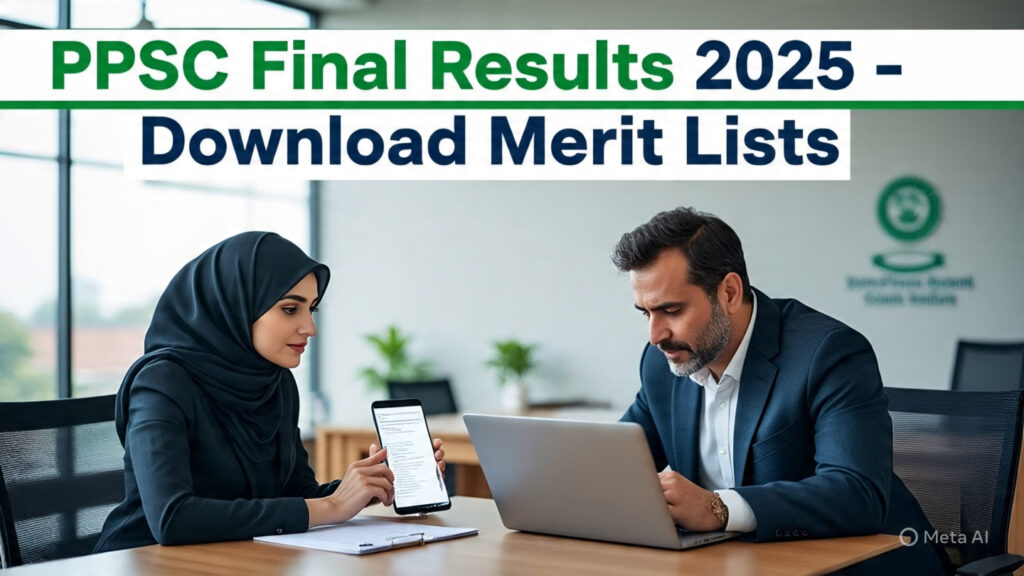 PPSC Final Results 2025 – View and Download Merit Lists for All Posts “Candidates checking PPSC Final Results 2025 on laptop and mobile devices with Punjab Public Service Commission logo in the background.”