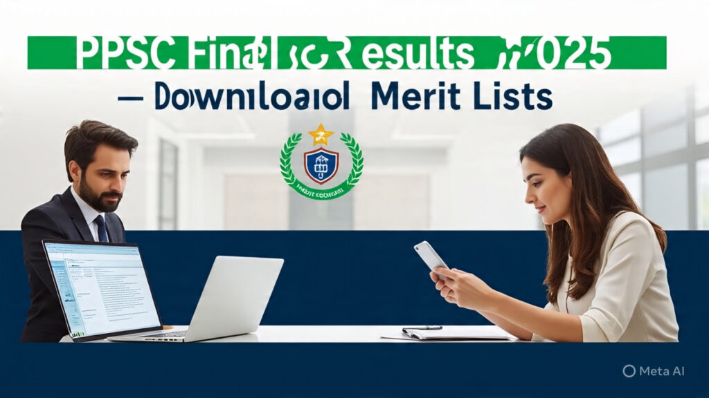 PPSC Final Results 2025 – View and Download Merit Lists for All Posts “Candidates checking PPSC Final Results 2025 on laptop and mobile devices with Punjab Public Service Commission logo in the background.”