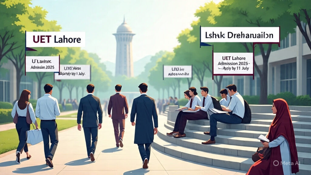 UET Lahore Admission 2025 β Apply Online for Top Programs Students applying for UET Lahore admission 2025 at the university's main campus, showcasing academic activity in engineering, computing, and science programs.