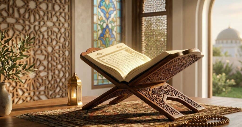 The Holy Quran beautifully opened on a wooden stand, representing the spiritual benefits of Surah Yaseen, the heart of the Quran.