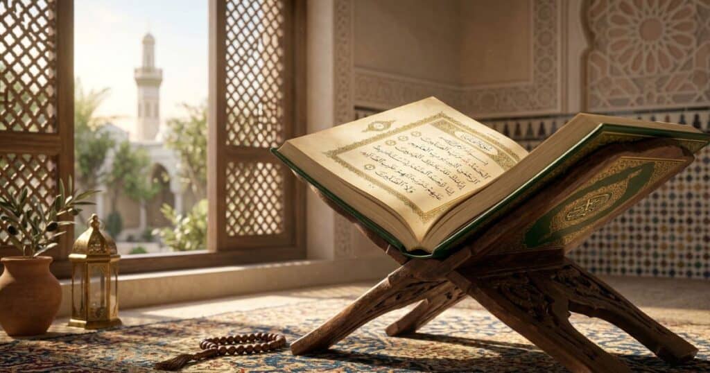 Holy Quran open on a Rehal highlighting the benefits of Surah Yaseen