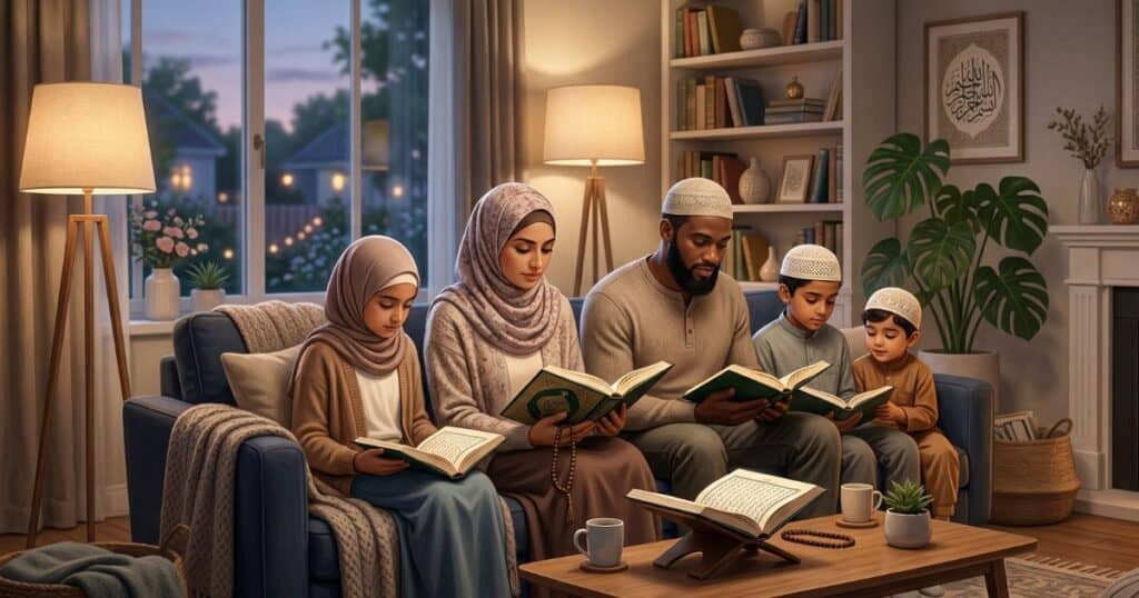 A Muslim family peacefully reciting the Quran together, experiencing the spiritual benefits and inner peace of Surah Yaseen
