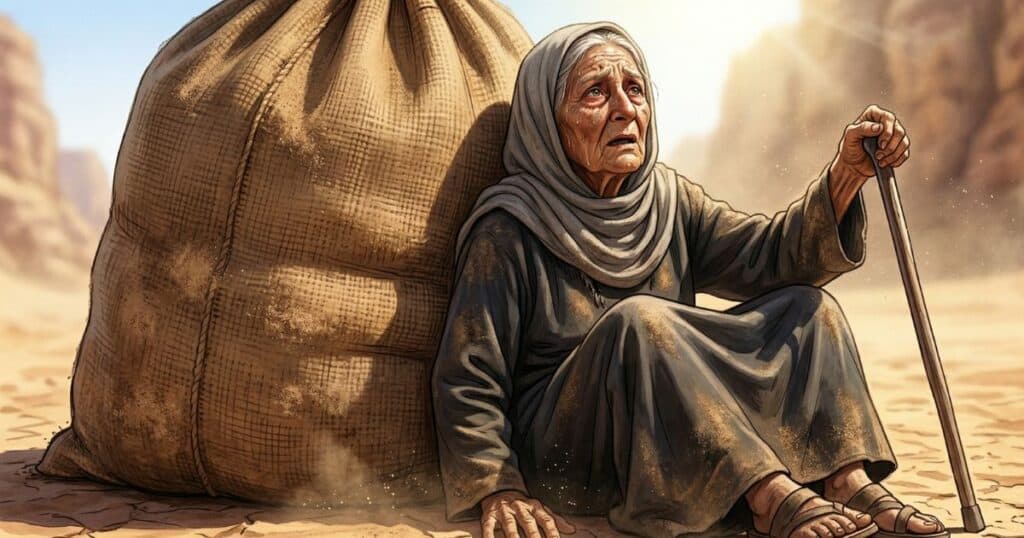 An inspiring illustration of the historical story of Prophet Muhammad and the old woman, showing her carrying a heavy burden in the Arabian desert heat.