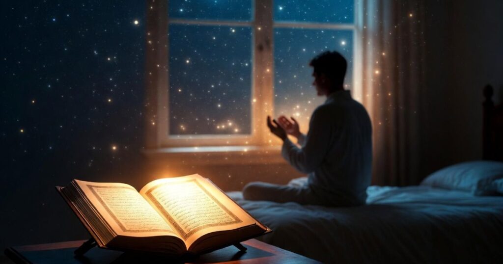 A glowing open Quran at night symbolizing the benefits of reading Surah Mulk for protection in the grave and peace before sleep.